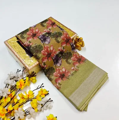 All-Over Floral Print with Leaf Motifs Soft Linen-Cotton Saree
